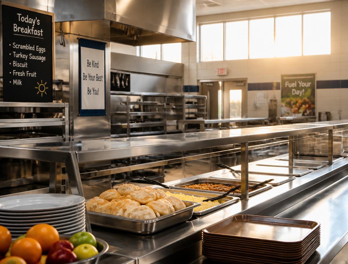 School cafeteria serving line ready for breakfast at dawn